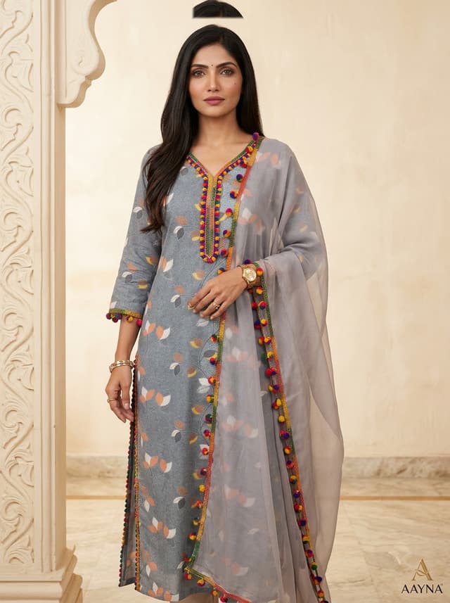 Slate Grey Floral Printed Kurti with Multi-Color Pom-Pom Trim