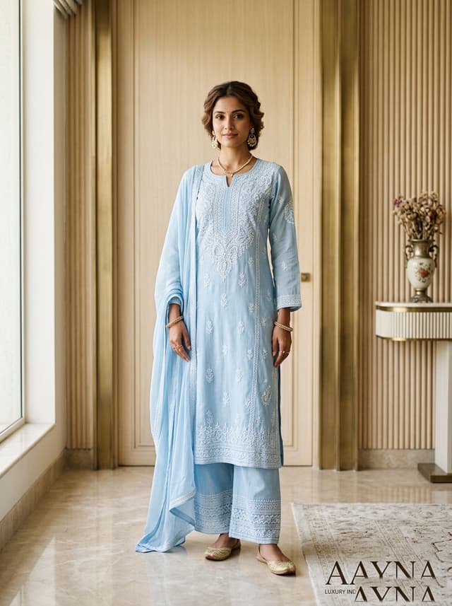 Powder Blue Cotton Chikankari Straight Kurti