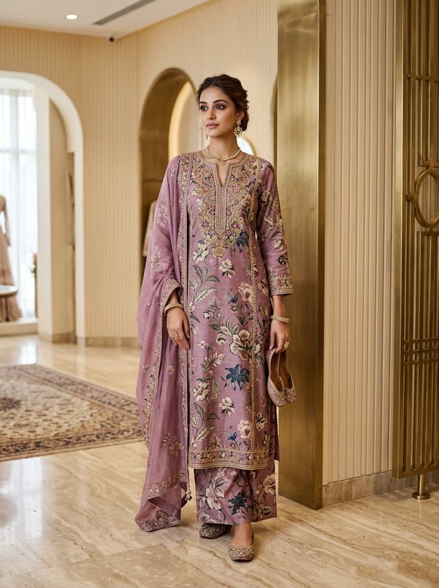 Mauve Rose Garden Floral Embroidered Kurti