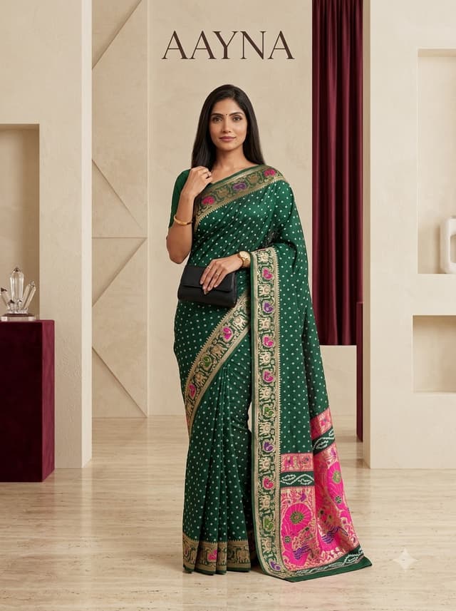 Emerald Green Bandhani Saree with Pink Paithani Border