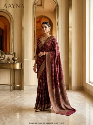 Regal Maroon Elephant Procession Ajrakh Modal Saree