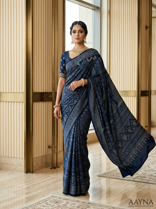 Royal Navy Blue Elephant Procession Ajrakh Modal Saree